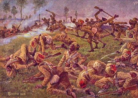Sikh soldiers attacking the German trenches at Ieper in April 20, 1915, From a German postcard..jpg
