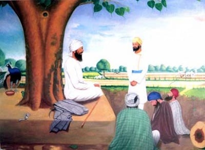 Bhai Lehna in presence of Guru Nanak in the field at Kartarpur