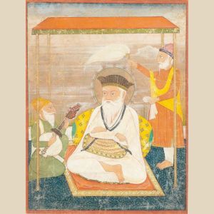 Guru Nanak seated against a bolster under a canopy, with Mardana by his side and an attendant waving a morchal.jpg