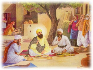 Guru Nanak eating with "lower caste" Bhai Lalo and Bhai Mardana, shocks the village-folk