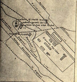 Mapa de Bagdad en 1931, muestra la ubicación de Guru Nanak del santuario. Se trata de una milla a la derecha del río Tigris y una milla y media de la estación de tren oeste de Bagdad, entre las dos ferroviarias lines.Image girado 90 grados en forma el documento fuente