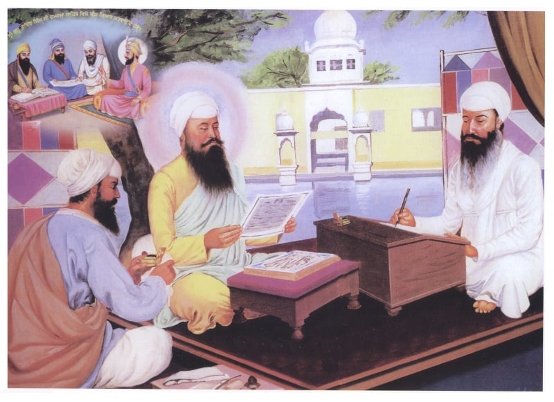 File:Guru Arjan and Bhai Gurdas preparing the Adi Granth.jpg