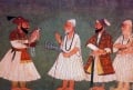 Guru Gobind Singh (with bird) encounters Guru Nanak Dev. An 18th century painting of an imaginary meeting.