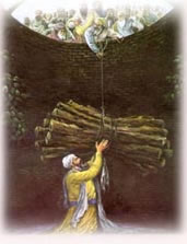 Bhai Manjh in the Well sending woods for Guru Ka Langar