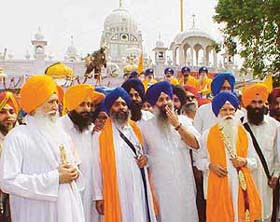 Mr Joginder Singh Vedanti, Jathedar Akal Takht (extreme left) and Mr Kirpal Singh Badungar, former president SGPC (second from right) at the head of Khalsa Chetna March, which started from Gurdwara Amb Sahib, Phase VIII, Mohali