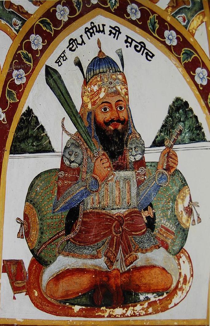19th century fresco painting of Baba Deep Singh from Gurdwara Baba Atal, Amritsar