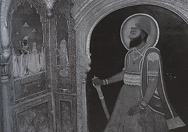 Portrai of Maharaja Karam Singh and Vaishnava icons, painted inside the throne alcove, Masnad Hall, Qila Mubarak - late 19th C..jpg