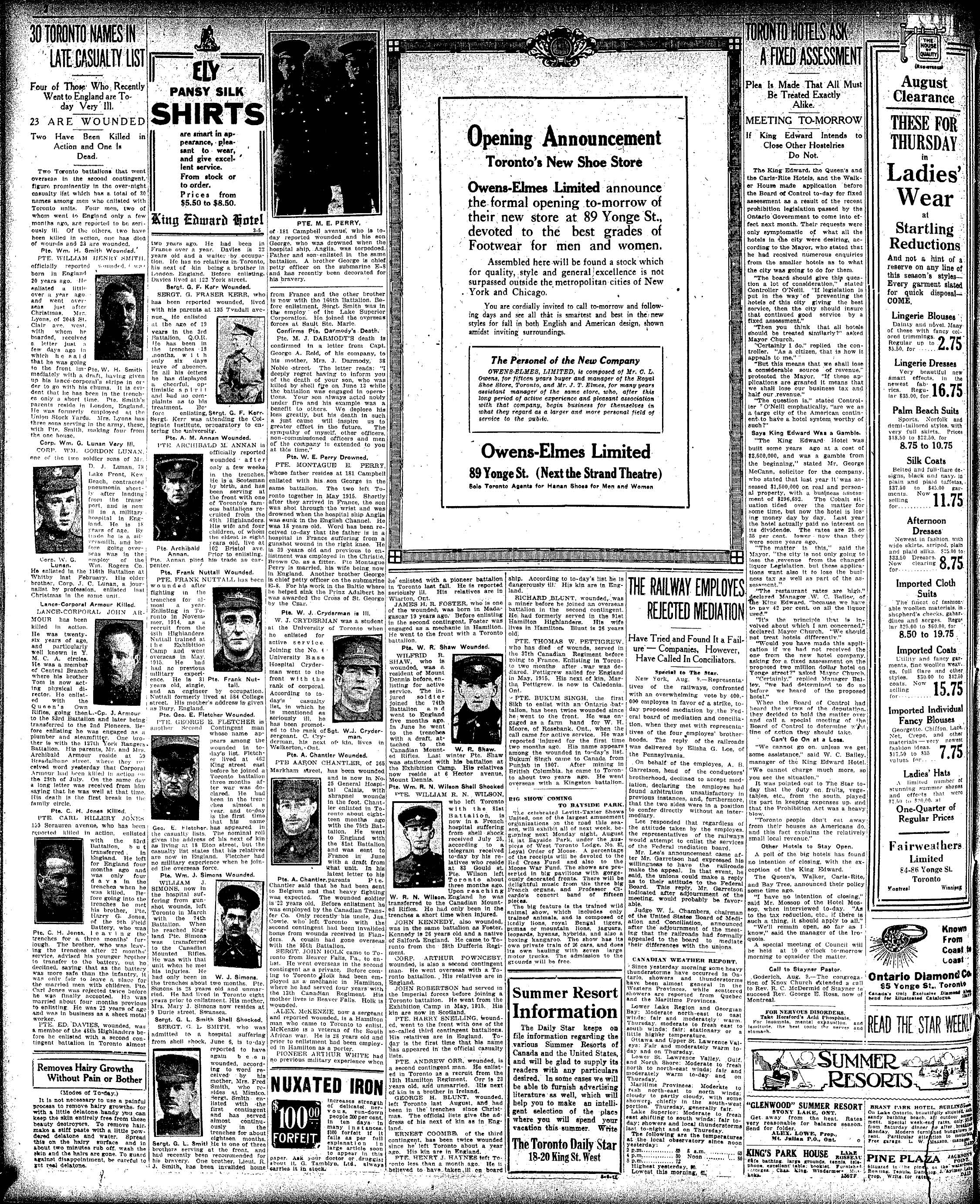 The relevant page for the Toronto Daily Star Aug 9, 1916 - PTE BUCKUM SINGH - listed as a war wounded