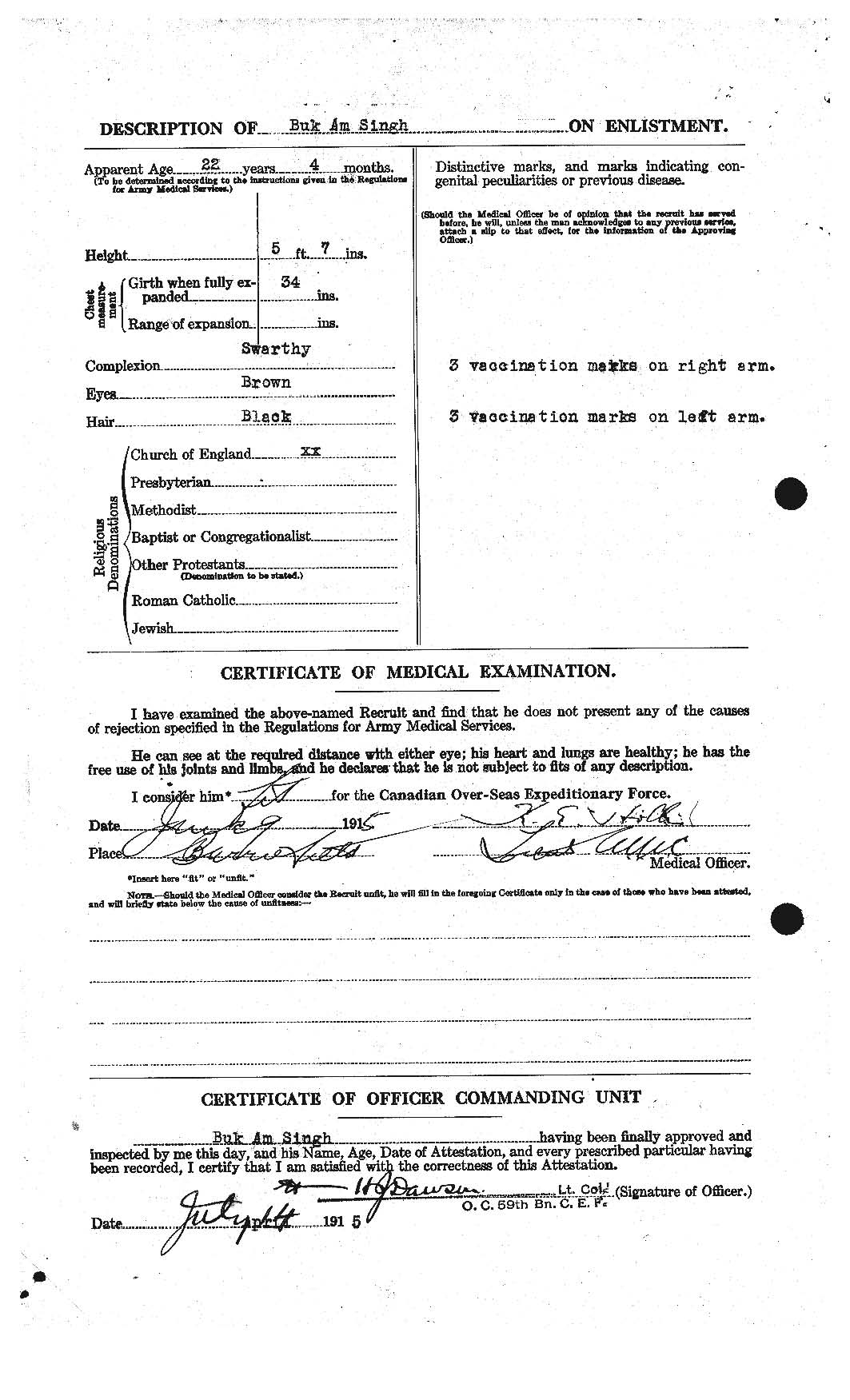 Attestation papers for Pte Buckam Singh - page 2