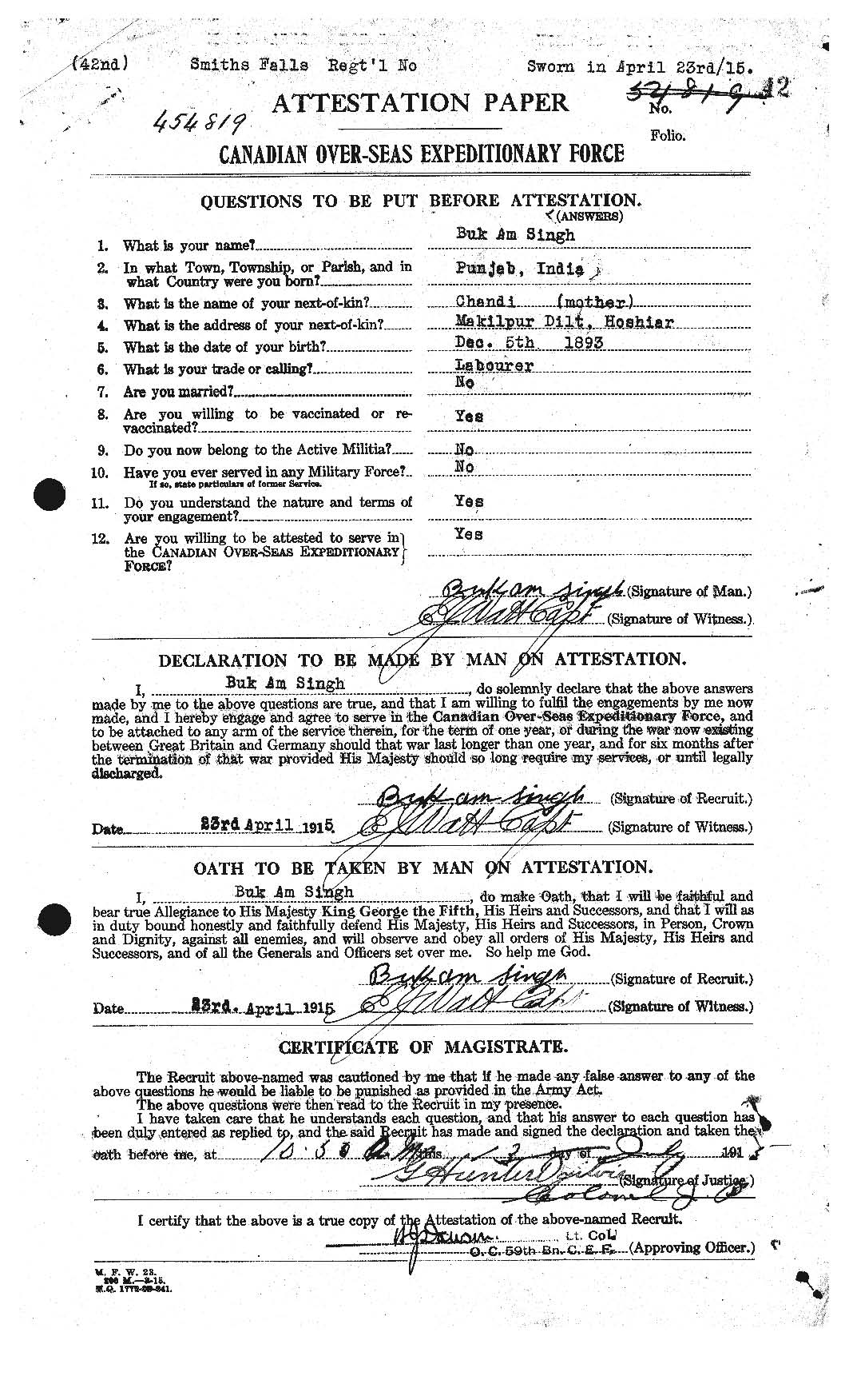 Attestation papers for Pte Buckam Singh - page 1