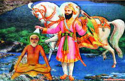 Guru Gobind Singh Ji giving blessings to Baba Biram Das Circa 1706