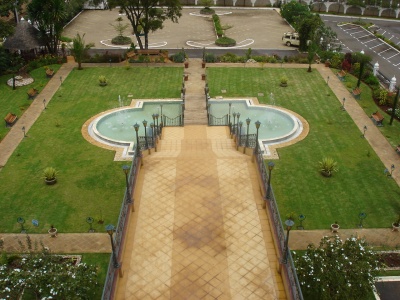 The Garden and Fountain at the front of the Gurdwara Sahib as seen from atop the domes.