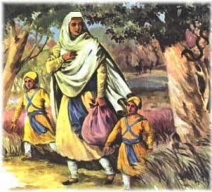 Mata Gujar Kaur jee walking in wilderness with Sahibzaadey.JPG