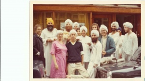 1972 July 2 Amsterdam Jul-72 Siri Singh Sahib 1st visit to Amsterdam Ashram member on the way to Yoga class-1-.jpg