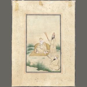 Guru Nanak seated on a hillock with his attendants, Bala and Mardana. North India, late 19th early 20th Century.jpg